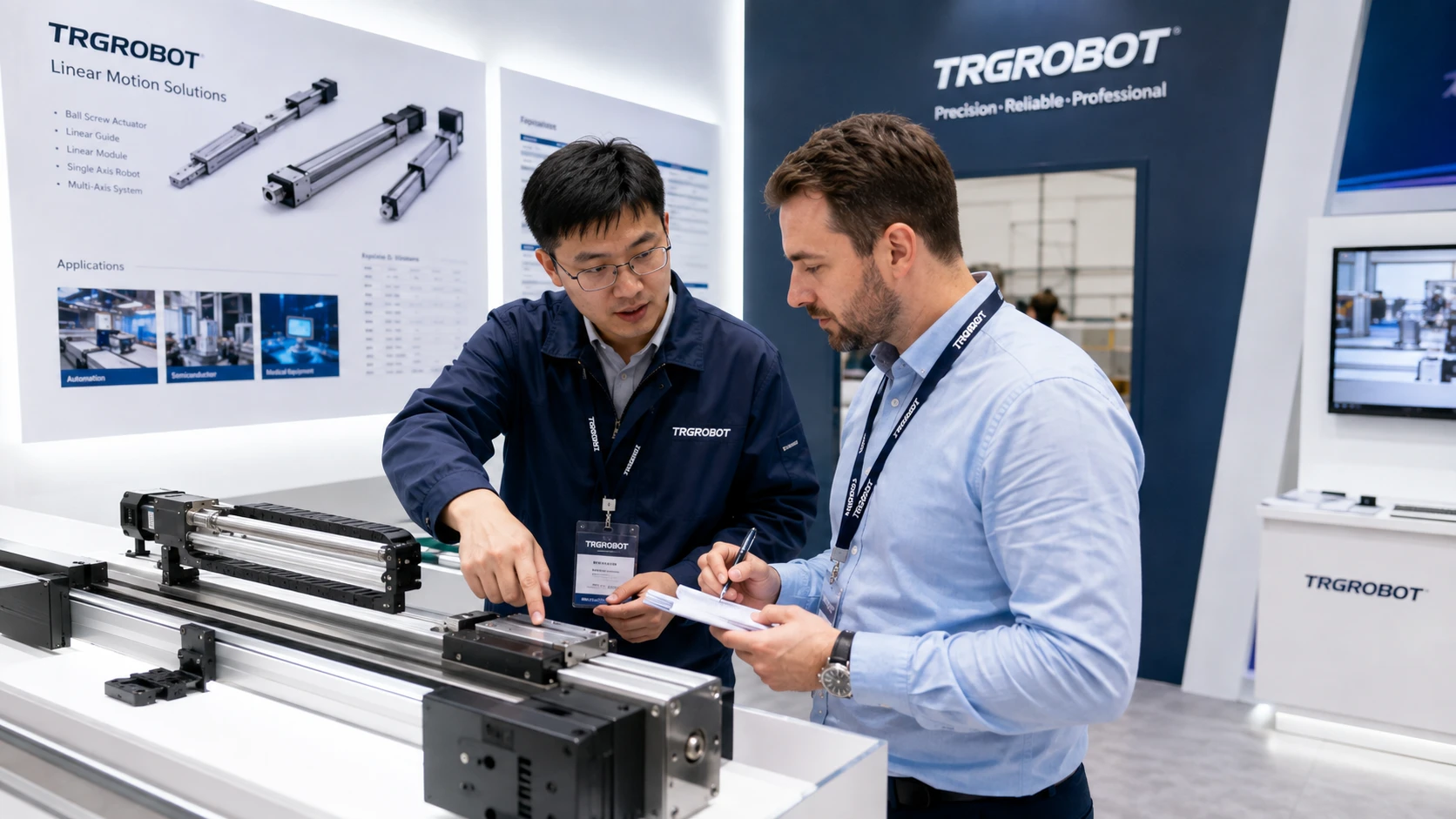 Engineers discussing application requirements at a trade show