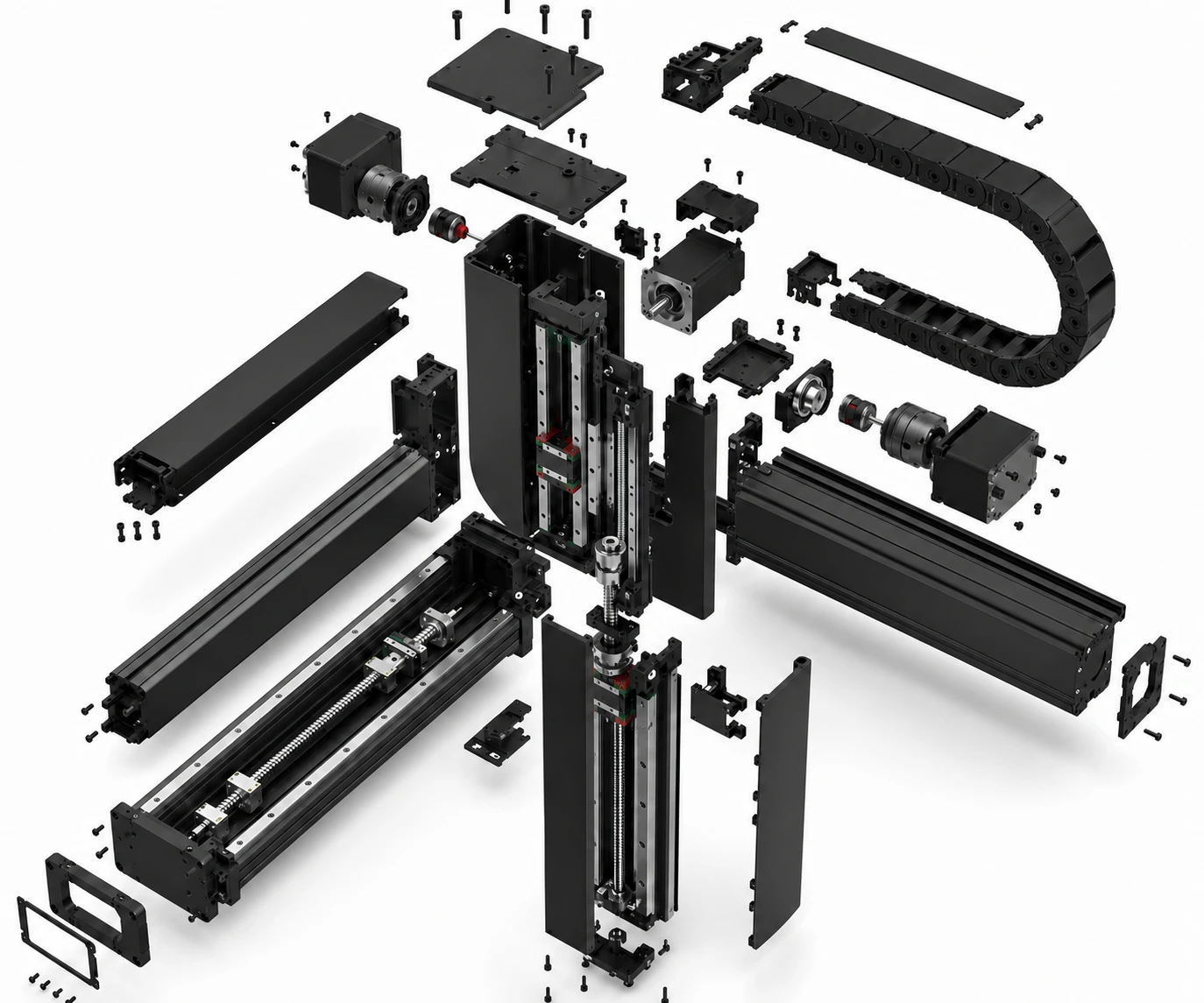 Exploded view of a Cartesian robot showing base, drive, motor, and cable carrier