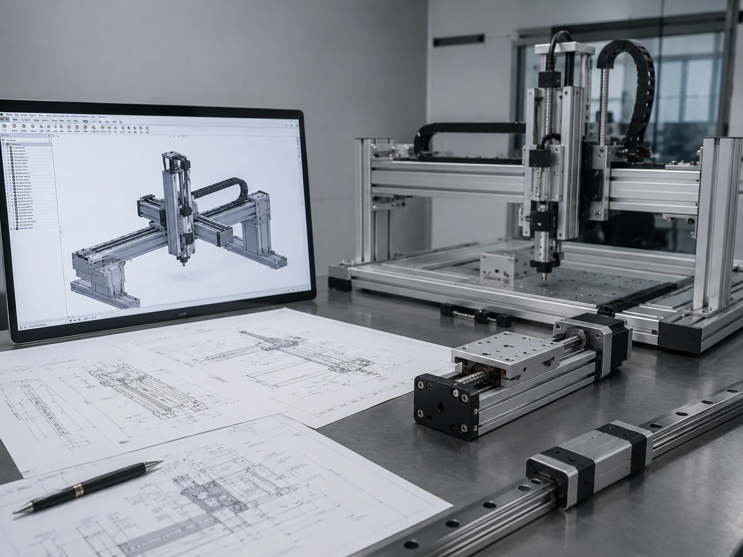 Comparison graphic showing Cartesian, SCARA, and Six-Axis robots in an industrial environment